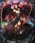  1girl black_hair black_wings blue_eyes breasts cleavage demon_girl demon_horns dress gown horns jewelry lightning lipstick long_hair makeup readman temple water wings 