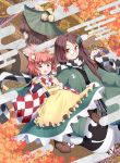  3girls :d animal_ears apron back-to-back bell book boots brown_hair dual_persona egasumi futatsuiwa_mamizou futatsuiwa_mamizou_(human) glasses hair_bell hair_ornament hairclip hat japanese_clothes kiseru leaf motoori_kosuzu multiple_girls nogisaka_kushio open_mouth pince-nez pipe raccoon_ears raccoon_tail red_eyes redhead scarf smile tail touhou two_side_up 