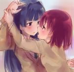  2girls blue_eyes blue_hair blush eye_contact hirose_sumire hiyo_kotori long_hair looking_at_another miyanaga_teru multiple_girls open_mouth red_eyes redhead saki short_hair yuri 