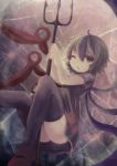  1girl ahoge asymmetrical_wings black_hair brown_eyes dress highres houjuu_nue light_particles looking_at_viewer one_eye_closed polearm short_hair solo thigh-highs ti_owo touhou trident weapon wings zettai_ryouiki 