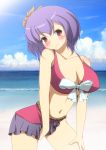  1girl beach between_legs bikini bikini_skirt blue_sky blush breasts cleavage clouds collarbone hair_ornament hand_between_legs head_tilt large_breasts merry_(diameri) midriff navel ocean pink_bikini pink_eyes purple_hair sky smile solo swimsuit touhou yasaka_kanako 