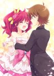  1boy 1girl aino_megumi alternate_hairstyle bow brown_hair closed_eyes couple dancing dress elbow_gloves flower formal gloves hair_flower hair_ornament happinesscharge_precure! hetero holding_hands jewelry kousetsu necklace pink_hair precure sagara_seiji short_hair smile strapless_dress suit 