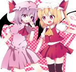  2girls :d absurdres ascot bat_wings black_legwear blonde_hair brooch fang flandre_scarlet hat hat_ribbon highres jewelry kayua miniskirt mob_cap multiple_girls open_mouth purple_hair remilia_scarlet ribbon short_hair siblings sisters skirt smile star thigh-highs touhou violet_eyes wings wrist_cuffs 