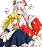  2girls apron black_dress blonde_hair cuddling dress fujiwara_no_mokou hair_ribbon heart kirisame_marisa long_hair multiple_girls nervous no_hat red_eyes red_pants ribbon sitting smile sou_futoshi speech_bubble suspenders touhou waist_apron white_hair yuri 