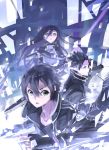  1boy absurdres black_eyes black_hair breastplate fingerless_gloves five-seven_(gun) gloves gun handgun highres kirito kirito_(sao-alo) kirito_(sao-ggo) long_hair multiple_persona pistol pointy_ears short_hair spiky_hair sword sword_art_online trap weapon ye_(heroyexin) 