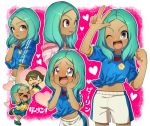  1girl brown_hair chibi dark_skin green_hair heart ichinose_kazuya inazuma_eleven inazuma_eleven_(series) inazuma_japan kiri_futoshi lightning_bolt lips long_hair midriff navel one_eye_closed open_mouth raimon raimon_soccer_uniform short_hair soccer_uniform solo sportswear sweatdrop tied_shirt urabe_rika 