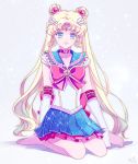  1girl barefoot bishoujo_senshi_sailor_moon blonde_hair blue_eyes blue_skirt bow brooch choker elbow_gloves gloves hair_ornament hairpin jewelry kneeling long_hair magical_girl ribbon sailor_collar sailor_moon sailor_moon_musical saki_(hxaxcxk) skirt smile solo tsukino_usagi twintails white_background 