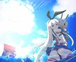  1girl :3 :t anchor ass bare_shoulders black_panties blonde_hair blue_eyes clouds cloudy_sky colored_eyelashes elbow_gloves flat_chest gloves hairband highleg highleg_panties innertube kantai_collection long_hair looking_at_viewer looking_back miniskirt object_hug ocean over_of_(1216ggxx) panties pantyshot partially_submerged pleated_skirt pout rensouhou-chan school_uniform serafuku shimakaze_(kantai_collection) skirt sky sun sunlight thigh-highs thighs underwear very_long_hair water white_gloves 