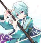 1boy albino cape expressionless jacket male mikleo_(tales) pink_eyes silver_hair solo staff tales_of_(series) tales_of_zestiria white_background yukako_(yunny) 