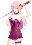  1girl arm_up armpits bare_shoulders bichon168 blush choker cowboy_shot dress hair_ornament hand_on_hip jewelry long_hair looking_at_viewer necklace open_mouth original pink_eyes pink_hair purple_dress purple_nails solo strapless_dress sword thigh_strap weapon white_background 