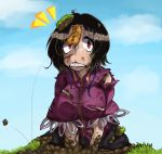  /\/\/\ 1girl absurdres black_hair clenched_teeth clouds dirt dirty fangs grass ground highres kitakaze_setsuna miyako_yoshika no_hat ofuda red_eyes scar short_hair sky solo stitched teeth torn_clothes touhou 