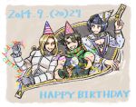  3boys birthday black_hair blonde_hair brown_hair bruno_bucciarati dated funny_valentine happy_birthday hat jojo_no_kimyou_na_bouken joseph_joestar_(young) multiple_boys party_hat scarf steel_ball_run takeyama_(potc) zipper 