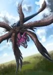  black_wings clouds dragon feather_hair feathered_wings feathers flying highres hydreigon multiple_heads multiple_wings nature no_humans pokemon pokemon_(creature) pokemon_(game) pokemon_bw realistic red_eyes ruth-tay sharp_teeth sky solo tail wings 