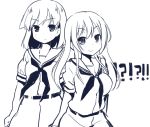  !? 2girls breasts hirose_sumire hiyo_kotori long_hair looking_at_viewer miyanaga_teru monochrome multiple_girls saki school_uniform serafuku short_hair simple_background smile white_background 