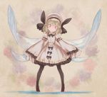  1girl black_legwear blonde_hair bow dress drill_hair fairy_wings floral_background floral_print full_body hat hat_bow high_heels long_sleeves luna_child pantyhose puffy_sleeves red_eyes short_hair smile solo touhou white_dress wide_sleeves wings yamamomo_(plank) 