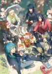  6+boys apple apple_peel badge beni_(dramatical_murder) black_hair blonde_hair blue_hair boots bottle brown_hair button_badge canister chopsticks clear_(dramatical_murder) dramatical_murder food from_above fruit hat headband indian_style japanese_clothes koujaku long_hair mink_(dramatical_murder) multiple_boys noiz_(dramatical_murder) obentou peeling petals picnic pipe pocky ren_(dramatical_murder) sandwich scarf seragaki_aoba short_hair sitting smoking soda_can tako-san_wiener tree umbrella wanrenzaogao white_hair 