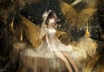  1girl abstract artist_name asahiro bad_id bad_pixiv_id bare_shoulders black_eyes black_hair butterfly candle dark dress fire flame flower gloves hair_flower hair_ornament jewelry long_hair minigirl necklace original ponytail signature sitting smile solo wedding_dress 