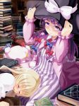  2girls blonde_hair blush book book_stack bow crescent furyouhin_(bubumelon) hair_bow hat kirisame_marisa lap_pillow long_hair looking_at_viewer multiple_girls open_mouth patchouli_knowledge purple_hair sitting sleeping smile touhou violet_eyes witch_hat 