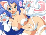  1girl :d animal_ears big_hair blue_eyes blue_hair blush breasts cat_ears cat_tail claws fang felicia fur konpeto large_breasts long_hair looking_at_viewer navel open_mouth paws smile solo tail translation_request vampire_(game) 