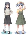  2girls aqua_hair asashio_(kantai_collection) bangs black_hair black_skirt blue_eyes blunt_bangs bow brown_eyes casual dress green_dress hand_on_hip hat hat_bow kantai_collection kneehighs long_hair long_sleeves looking_at_viewer mary_janes multiple_girls ooshio_(kantai_collection) orange_shirt pleated_skirt polka_dot_shirt sandals shoes short_hair short_sleeves short_twintails skirt sun_hat sweater turtleneck twintails white_legwear yuyuzuki_(yume_usagi) 