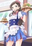  1girl :o apron blush brown_eyes brown_hair burger_skater_(idolmaster) cowboy_shot food hamburger hat headset idolmaster idolmaster_million_live! kitazawa_shiho long_hair miri_(tobira_no_mukou) skirt solo tray waitress wrist_cuffs 