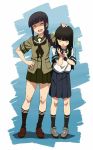  +_+ 2girls bangs black_hair blunt_bangs commentary hatsuyuki_(kantai_collection) kantai_collection kitakami_(kantai_collection) long_hair multiple_girls patting_head playing_with_another&#039;s_hair pleated_skirt school_uniform serafuku shaded_face skirt sparkle 