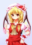  1girl alternate_hairstyle ascot blonde_hair braid fang flandre_scarlet glowing glowing_wings hair_ribbon hat hat_ribbon long_hair looking_at_viewer misoshiru_(meridianchild312) mob_cap puffy_short_sleeves puffy_sleeves red_eyes ribbon shirt short_sleeves skirt skirt_set slit_pupils smile solo touhou twin_braids vest wings wrist_cuffs 