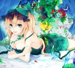  1girl bare_shoulders bed blonde_hair bow breasts butterfly canopy_bed cleavage collarbone crossed_arms flandre_scarlet flower food fruit grapes green_eyes hair_bow highres lemon lying nightgown off_shoulder on_bed on_stomach open_mouth petals raspberry red_rose renkarua rose sash smile solo strap_slip touhou wings 