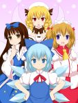  &gt;:o 4girls :d :o blonde_hair blue_eyes blue_hair bow brown_hair chestnut_mouth cirno crossed_arms drill_hair fang fenikkusu_takahashi hair_bow hands_on_hips highres long_hair luna_child multiple_girls open_mouth red_eyes short_hair smile star_sapphire sunny_milk touhou twintails wings yellow_eyes 