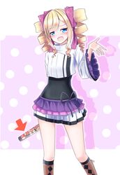  1girl aoi_usagi_(marinebluerabbit) arrow blonde_hair blue_eyes blush boots dairenji_suzuka drill_hair hair_ribbon highres open_mouth ribbon skirt solo tokyo_ravens translation_request twintails 