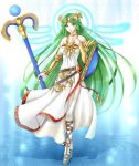  1girl breasts cleavage goddess green_eyes green_hair highres jewelry kid_icarus lips long_hair palutena smile solo staff super_smash_bros. 