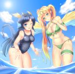  2girls bikini black_hair blonde_hair blue_eyes breasts cleavage green_eyes head_fins karin_(p&amp;d) leiran_(p&amp;d) long_hair multiple_girls noeomi one_eye_closed puzzle_&amp;_dragons school_swimsuit swimsuit tail twintails wings 