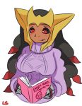  1girl black_hair black_sclera blush book breasts dark_skin giratina large_breasts lightsource long_hair monster_girl pokemon pokemon_(game) pokemon_dppt reading red_eyes sketch smile solo sweater turtleneck 