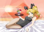  1girl absurdres animal_ears ayase_eli blonde_hair blue_eyes bowtie breasts bunnysuit cleavage detached_collar female fishnet_pantyhose fishnets highres long_hair love_live!_school_idol_project lying on_side pantyhose ponytail rabbit_ears solo suiseiyarou wrist_cuffs 