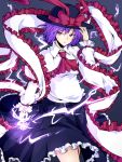 1girl ascot bow capelet frills hair_bow hat holding holding_hat ishimu nagae_iku purple_hair red_eyes shawl skirt solo sparks touhou