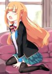  1girl amatsuka_mao black_legwear blazer blush closed_eyes fang gigokku gj-bu long_hair long_sleeves open_mouth orange_hair plaid plaid_skirt school_uniform sitting skirt solo thigh-highs wariza yawning 