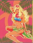  1girl arm_up bandeau blonde_hair flower flower_necklace green_eyes hair hair_flower hair_ornament highres honey_(space_dandy) jewelry long_hair midriff navel necklace official_art scan side-tie_skirt solo space_dandy tan 