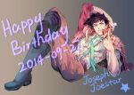  1boy birthday black_hair blue_eyes boots character_name dated happy_birthday heicrosshong highres jacket jojo_no_kimyou_na_bouken joseph_joestar_(young) necktie pointing pointing_up red_jacket solo suspenders 