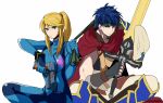  armor blonde_hair blue_eyes blue_hair cape fire_emblem fire_emblem:_akatsuki_no_megami green_eyes gun headband ike kudakeru long_hair metroid nintendo ponytail samus_aran shoulder_pads super_smash_bros. sword weapon 