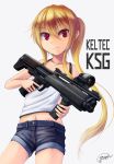  1girl blonde_hair denim denim_shorts dreadtie fang gun highres jessica_jefferson kel-tec_ksg long_hair navel original ponytail red_eyes shorts solo standing tank_top very_long_hair weapon 