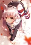  1girl all_fours amatsukaze_(kantai_collection) brown_eyes garter_straps hair_tubes hairband hat highres kantai_collection leaf long_hair looking_at_viewer maple_leaf open_mouth shokuyou_mogura silver_hair solo striped striped_legwear thigh-highs two_side_up 