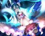  1girl 7th_dragon 7th_dragon_2020 ahoge aile_(crossroads) aqua_hair bare_shoulders black_legwear blue_eyes blush cowboy_shot detached_collar dutch_angle hands_clasped hatsune_miku light_particles long_hair looking_at_viewer skirt solo thigh-highs twintails very_long_hair vocaloid 