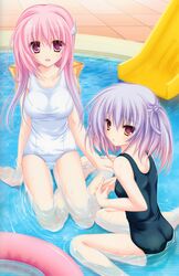  2girls absurdres ass breasts gradient_hair highres lavender_hair long_hair multicolored_hair multiple_girls pink_eyes pink_hair red_eyes scan school_swimsuit sitting slide swimsuit tenmaso wading_pool wariza white_school_swimsuit white_swimsuit yokozuwari 