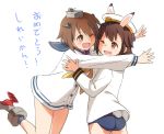  2girls animal_ears brown_eyes brown_hair bunny_tail female female_admiral_(kantai_collection) hat headgear hug kantai_collection kisetsu multiple_girls one_eye_closed open_mouth rabbit_ears short_hair strike_witches swimsuit swimsuit_under_clothes tail translated yukikaze_(kantai_collection) 