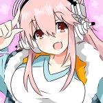  1girl blush breasts hand_on_forehead headphones highres large_breasts long_hair looking_at_viewer nitroplus open_mouth pink_hair red_eyes shimizu smile solo super_sonico 