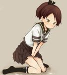  1girl abe_kanari between_legs blush brown_eyes brown_hair hair_ribbon hand_between_legs have_to_pee kantai_collection kneeling ponytail ribbon school_uniform serafuku shikinami_(kantai_collection) short_hair skirt 