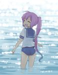  1girl closed_eyes i-168_(kantai_collection) kantai_collection long_hair looking_back nagian open_mouth ponytail redhead school_swimsuit school_uniform serafuku smile swimsuit swimsuit_under_clothes wading water 