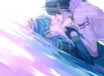  2boys black_hair blue_hair dramatical_murder earrings fingerless_gloves gloves hand_on_another&#039;s_face hand_on_another&#039;s_head jewelry kiss multiple_boys niaoniaoyoo ren_(dramatical_murder) seragaki_aoba shirtless tattoo yaoi 