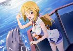  1girl absurdres blonde_hair casual charlotte_dunois dolphin highres infinite_stratos legs long_hair official_art one_eye_closed open_mouth ponytail solo violet_eyes water 