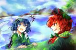  2girls animal_ears blue_eyes blue_hair blue_sky bow breasts cat_ears fish_tail hair_bow in_water japanese_clothes kaenbyou_rin kimono kozuki_kai lake licking_lips long_hair long_sleeves looking_at_another mermaid monster_girl mountain multiple_girls red_eyes redhead scared sketch sky smile sweatdrop touhou tree twintails wakasagihime wide_sleeves 